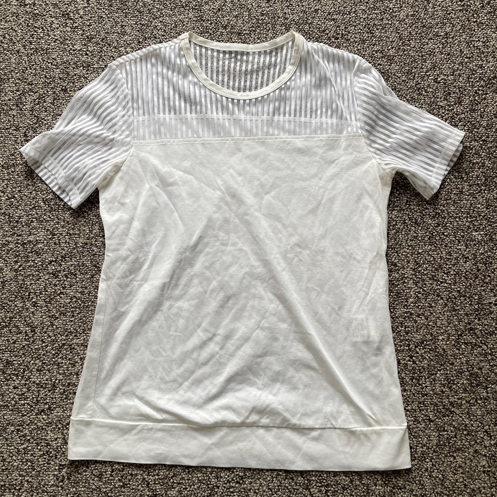 Issey Miyake Japan White Sheer Striped Panel Top Shirt Sz 2